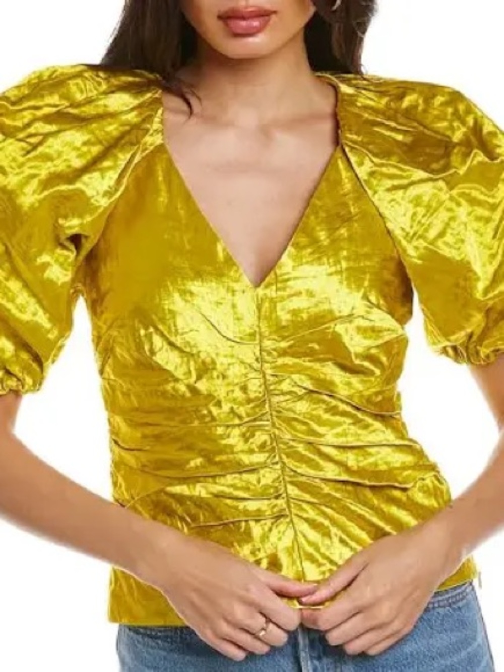 Ulla Johnson Metallic Chartreuse Puff Sleeve V-Neck Blouse